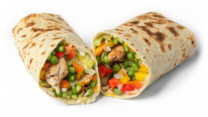 Tortilla wrap with fried chicken meat and vegetables isolated on white background
