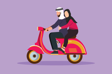 Fototapeta na wymiar Cartoon flat style drawing romantic Arab couple riding motorcycle. Man driving scooter and woman passenger while hugging. Driving around city. Drive safely concept. Graphic design vector illustration