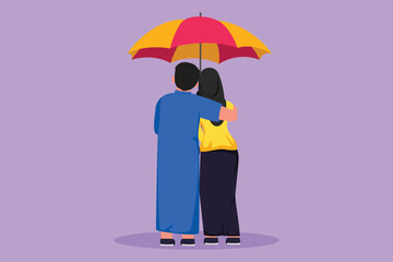 Character flat drawing back view lovers couple in rain. Cute Arab couple in love walking under rain with umbrella. Happy man and woman are walking along city street. Cartoon design vector illustration