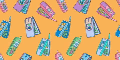 Mobile phone pattern. 2000s cellphones set. Y2k trendy illustration. Cellular phone retro technology. Retro background. Nostalgia for the 90s and 2000s.