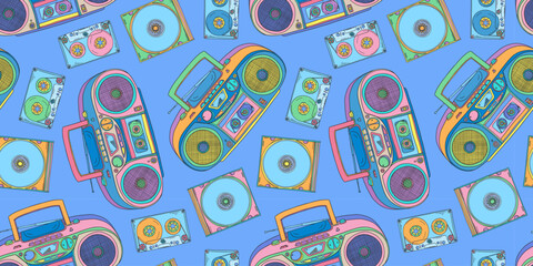 Boombox pattern. 2000s boombox. Y2k trendy illustration. Cassette music player. CD disk player. Retro background. Nostalgia for the 90s and 2000s. - obrazy, fototapety, plakaty