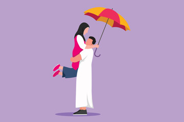Cartoon flat style drawing of Arabian couple in love under rain with umbrella. Happy man and woman walking at park and jumping. Married romantic couple relationship. Graphic design vector illustration
