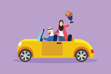 Graphic flat design drawing cute newly married couple groom in vehicle. Happy Arab man and beautiful woman riding wedding car. Married romantic couple relationship. Cartoon style vector illustration