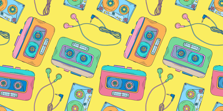 Personal cassette player pattern. 2000s portable music player, cassette, headphones, battery. Y2k trend. Retro background. Nostalgia for the 90s and 2000s.