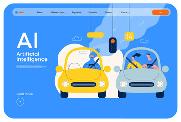 Naklejka premium Artificial intelligence, Driving -modern flat vector concept illustration of An artificial intelligence-controlled car. Metaphor of autonomous vehicle, AI superiority and dominance concept
