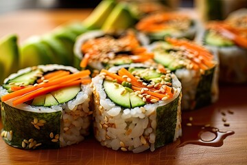Closeup photo of Sushi rolls, Salmon avocado sushi, Japanese cuisine, Generative AI