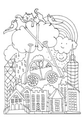 Boy and girl in a car fly over the city. Coloring page. Worksheet for kids. Hand drawn vector illustration