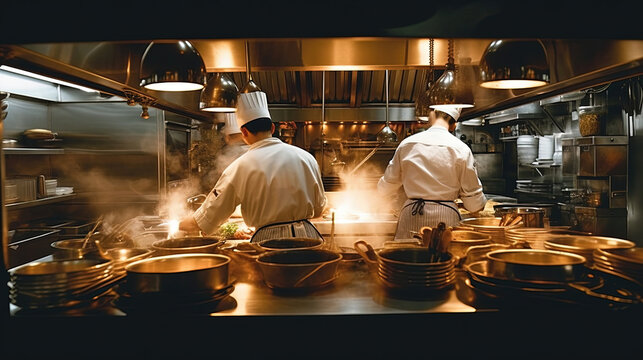Backside of Chef cooking in a busy restaurant kitchen, Generative AI