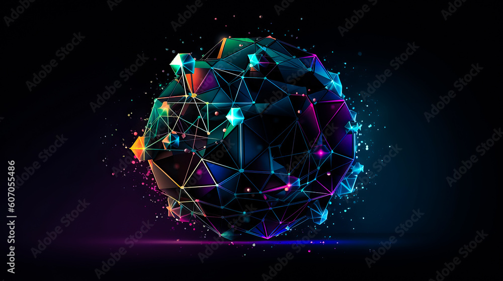 Poster global international connection information exchange blockchain cryptocurrency. planet space low pol