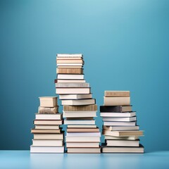 pile of books with empty copy space for text. Blue background. Created with generative AI technology.