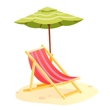 A beach sunbed with an umbrella. Beach umbrella, beach chair. Cartoon vector illustration isolated on a white background.