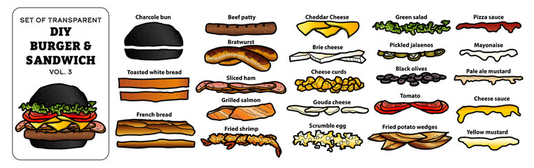 Cute hand drawn isolated color DIY burger & sandwich on transparent background png file (Vol.3)