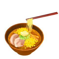 味噌バターコーンラーメンのイラスト　箸上げ