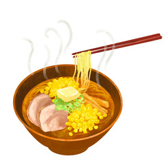 味噌バターコーンラーメンのイラスト　箸上げ