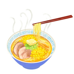 塩バターコーンラーメンのイラスト　箸上げ