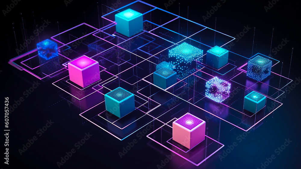 Poster blockchain technology with icons. how blockchain works. abstract background. ai generated