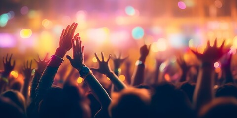 Cheering crowd with hands in air at music festival. Party beach. Blurred people having night beach party in summer vacation. Bokeh People have fun at night on a beach or performance hall. Generative A - obrazy, fototapety, plakaty