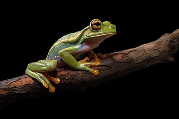 Javan tree frog on sitting on branch, flying frog on branch, tree frog on branch, Generative AI