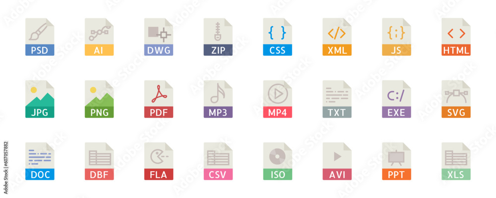 Fototapete Set of file type icon set pack, all file type extension icon including programming file types