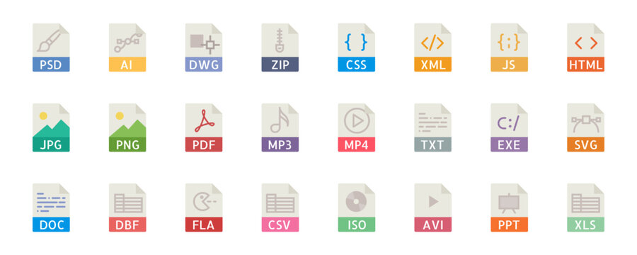 Set of file type icon set pack, all file type extension icon including programming file types