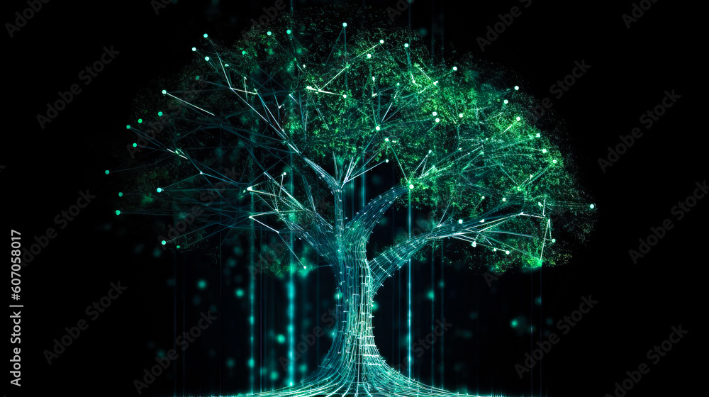 Poster bitcoin, cryptocurrency and blockchain technology, concept tree for your design. ai generated