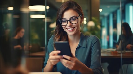 Photo of Young happy busy business woman executive using laptop mobile cell phone tech at office. Professional businesswoman holding smartphone, working on cellphone. Generative ai.