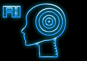 IA. Inteligencia artificial. Perfil de la cabeza de un robot de inteligencia artificial en trazo azul brillante sobre fondo negro IA efecto neón