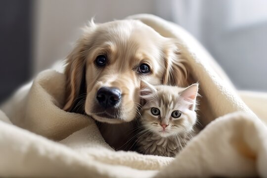 Friendship of puppy and kitten - golden retriever puppy and kitten cuddling under a blanket cuddle, Generative AI