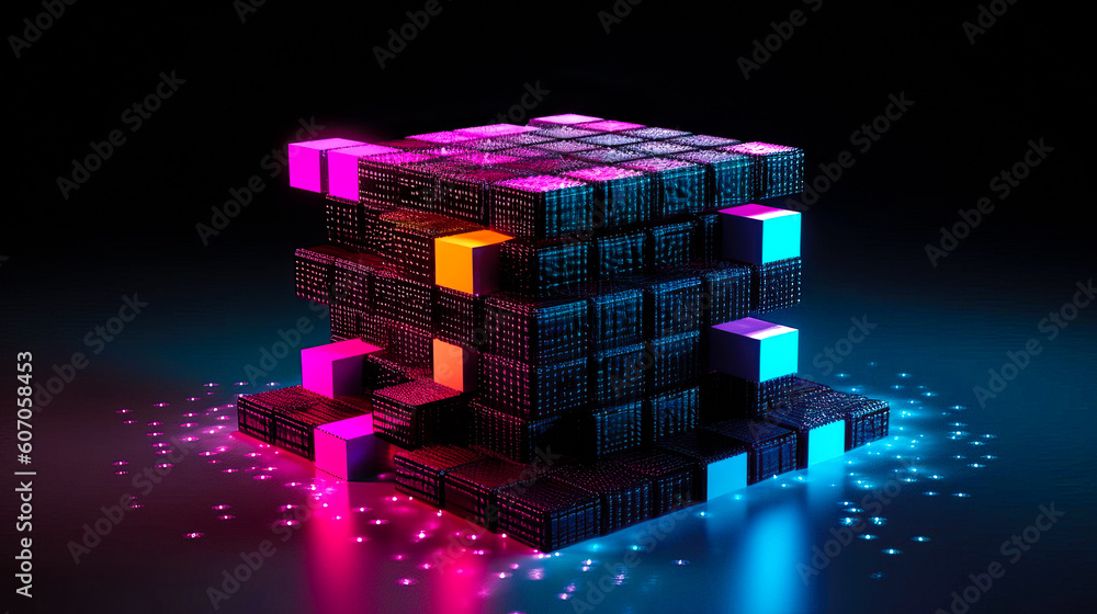 Poster blockchain technology with icons. how blockchain works. abstract background. ai generated