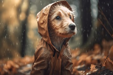 Dog puppy in the autumn forest wearing raincoat, Generative AI