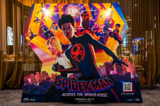 BANGKOK, THAILAND - 26 May, 2023 : A beautiful standee of a movie called Spider-Man: Across the Spider-Verse Display at the cinema to promote the movie