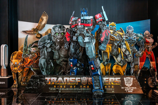 Bangkok, Thailand - May 26, 2023: A beautiful standee of a movie called Transformers: Rise of the Beasts Display at the cinema to promote the movie
