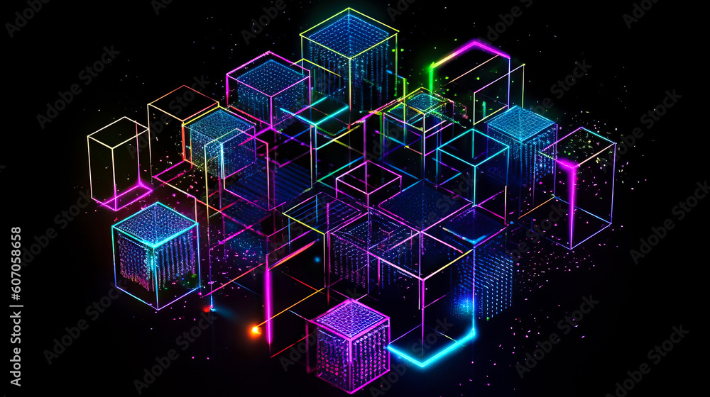 Poster blockchain technology with icons. how blockchain works. abstract background. ai generated