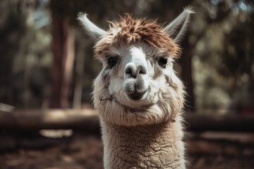 Fototapeta premium An adorable alpaca( lama, llama) at the zoo. Paddock cade with a gorgeous llama or alpaca. A hay chewing animal is depicted in this artwork. Tender alpaca in a zoo Generative AI