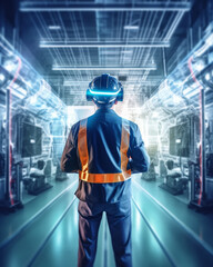 Worker uses virtual reality mixed with artificial intelligence. Created with Generative AI technology