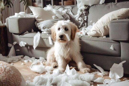Bored young dog destroying cushions on sofa, Generative AI
