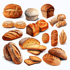 Generative AI The Most Beautiful Artisan Breads and Bagels, Photo-Realistic Watercolor Photoshoot.