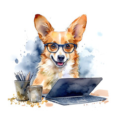 AI generated: Cute corgi dog looking at laptop in glasses on white background in the style of watercolors