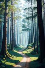 Enchanted Forest Scene in Cartoon-Realistic Style, Children's Book Illustrations, Environmental Awareness Campaigns, Video Game Backgrounds. Rich Greenery Details for Nature-inspired Design 