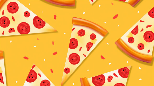 pattern of images featuring a cartoon-style pizza slice happy face from the 1960s for a pizza shop. Use vibrant and bold colors to capture the retro and playful essence of the era