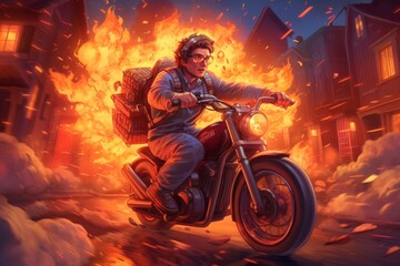 A pizza delivery guy riding a motorcycle with a giant pizza box strapped to his back, leaving a trail of flames behind him. Generative AI