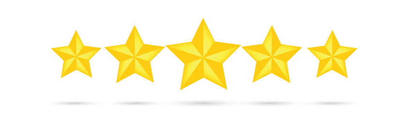 Five golden stars. Golden five star review or rating. 3D illustration.