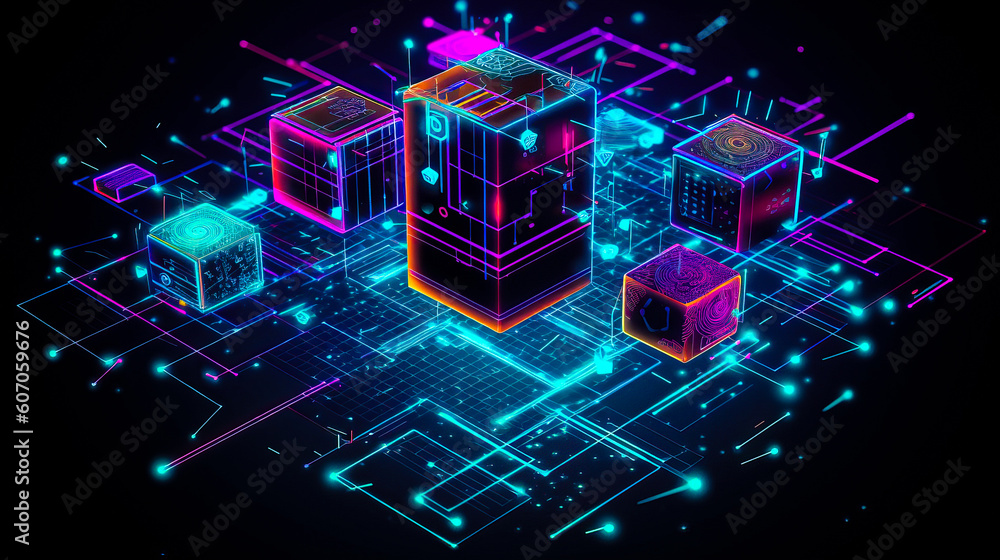 Aufkleber blockchain technology with icons. how blockchain works. abstract background. ai generated