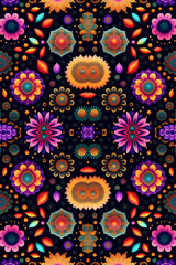 Psychedelic pattern of abstract color shapes and stars in retro style. Psychedelic Groovy pattern hippie of 70s with flowers and shapes random for backgrounds.  Generative AI