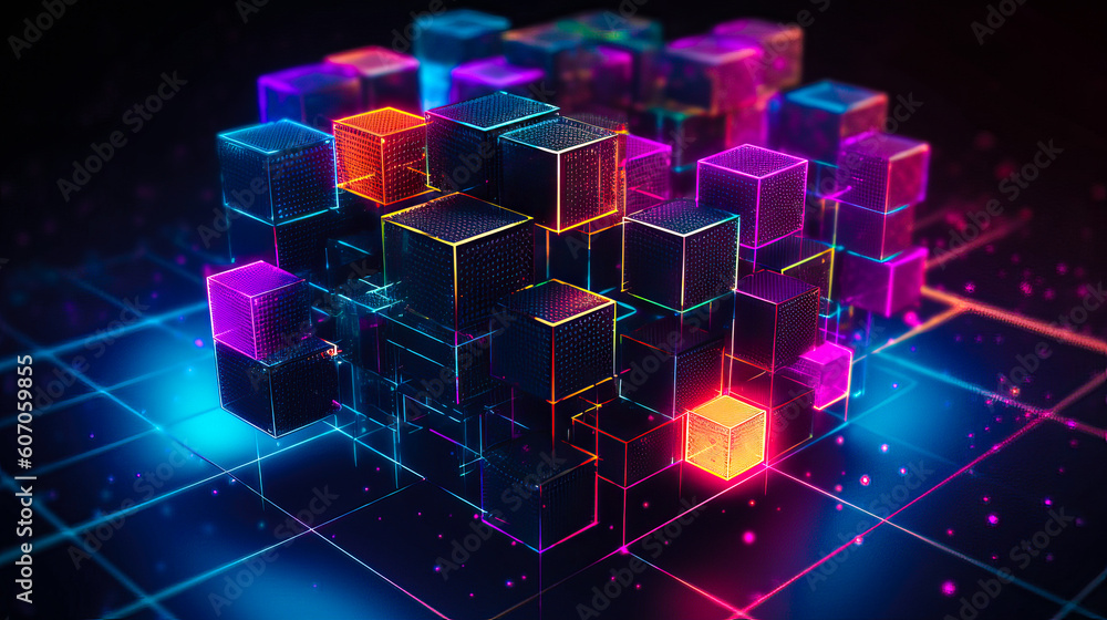 Poster blockchain technology with icons. how blockchain works. abstract background. ai generated