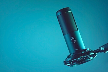 Studio condenser microphone isolated on dark background.