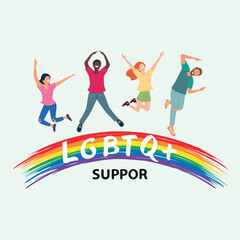 Happy people in love body jumping on Lgbt rainbow flag and letters, lgbt support concept. Illustration, Poster, Postcard, Vector, Tshirt, Background or wallpaper. 