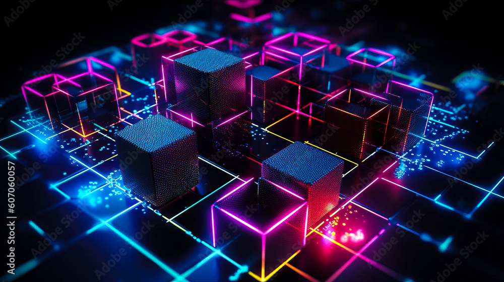 Poster blockchain technology with icons. how blockchain works. abstract background. ai generated