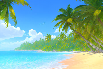 palm trees reaching for the sky against a backdrop of clear blue heavens. The sun cast a gentle glow, creating a warm and inviting atmosphere. The palm leaves can sway softly in the breeze.
