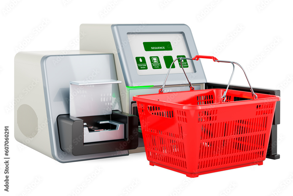 Poster dna sequencer with shopping basket. 3d rendering